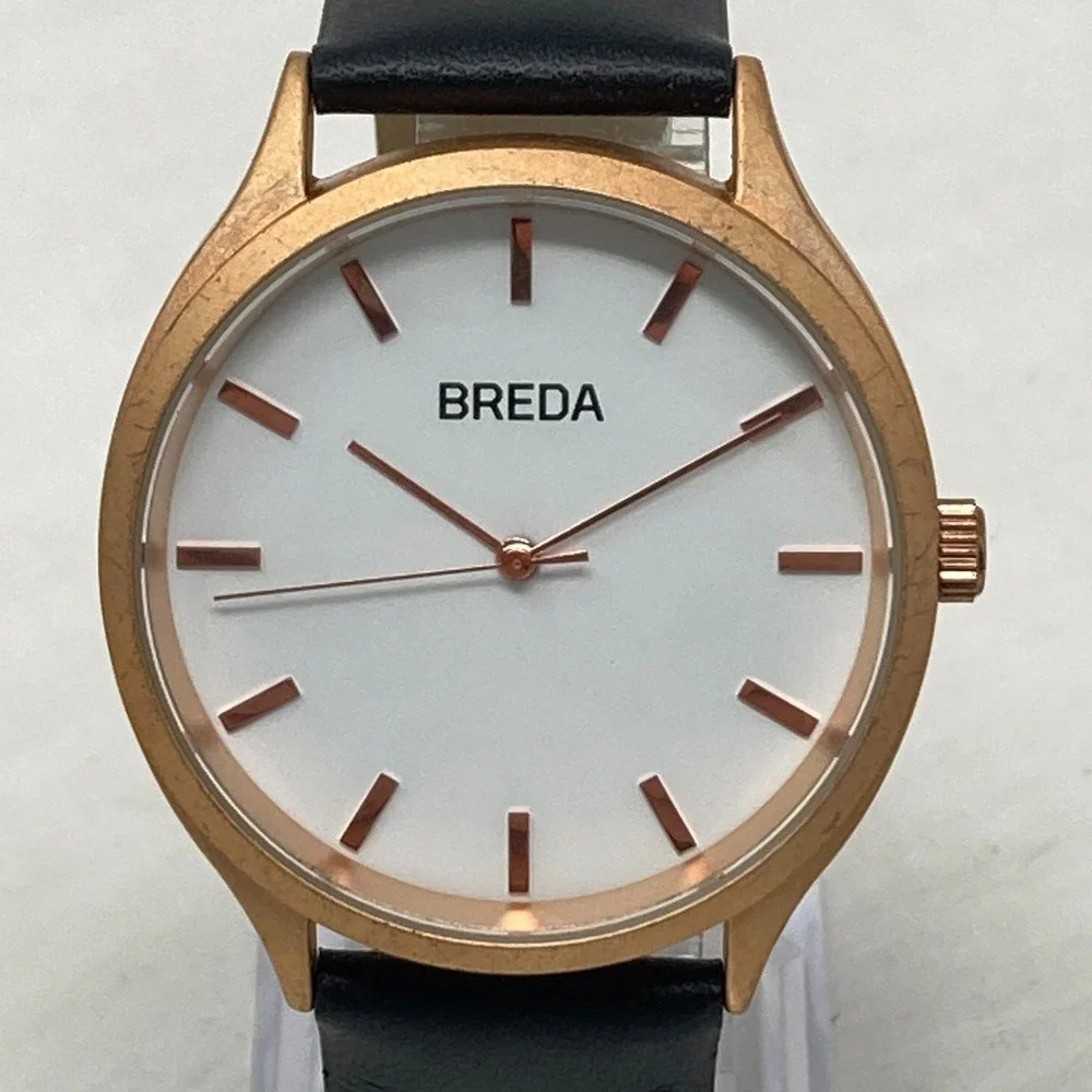 Breda Watch Men Women 40mm Rose Gold Tone Matte Black Leather New Battery 9